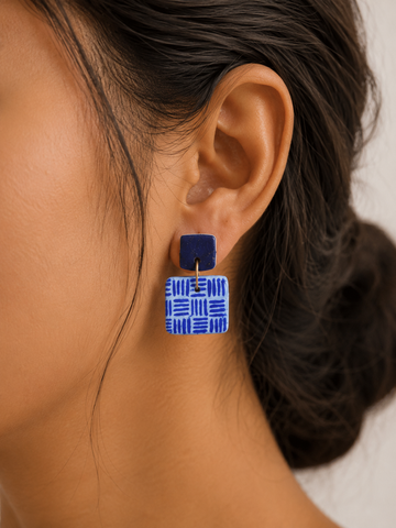 Indigo Tiles – Handmade Clay Earrings