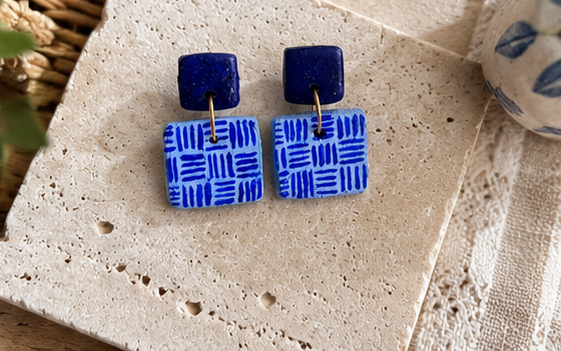 Indigo Tiles – Handmade Clay Earrings